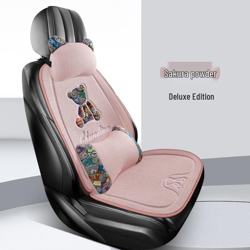 Four Seasons Universal Linen Car Seat Cushion - Cartoon Bear, Breathable, Half-Wrap Rear Seat Cover