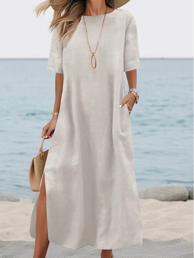 

2026 European & American Elegant Casual Women s Loose Dress - Solid Color, Round Neck, Short Sleeve M брудно-білий