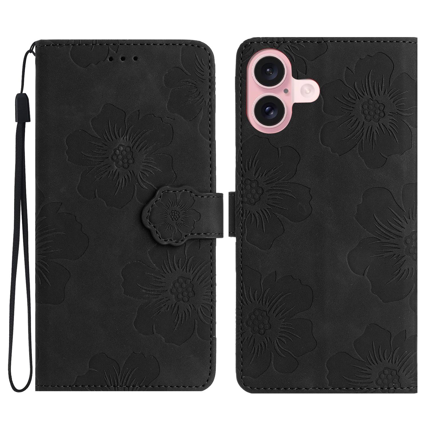 

For iPhone 16 Case Leather Flip Wallet Card Slots Phone Cover Flower Imprinted