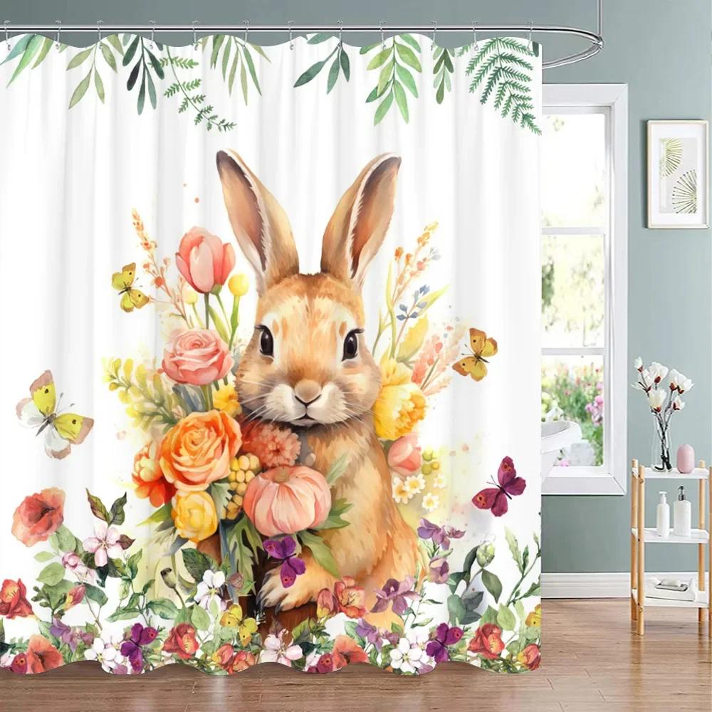 Easter Shower Curtain Cute Cartoon Bunny Watercolour Style Washable Polyester Fabric Shower Curtains Bathroom Decor With Hooks