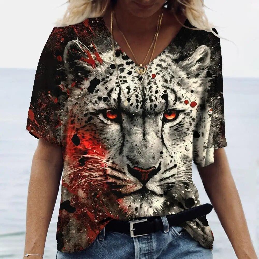 Summer V-neck 3D Animal Pattern Printed Top Fashionable Casual Short Sleeved Women's T-shirts