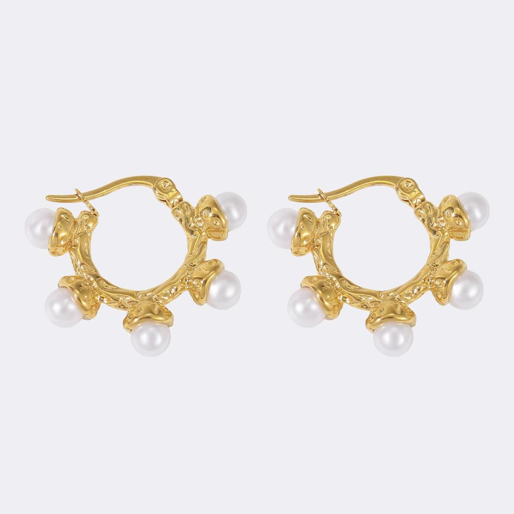 304 Stainless Steel Textured Round Ring Faux Pearl Retro Earring Backs for Women