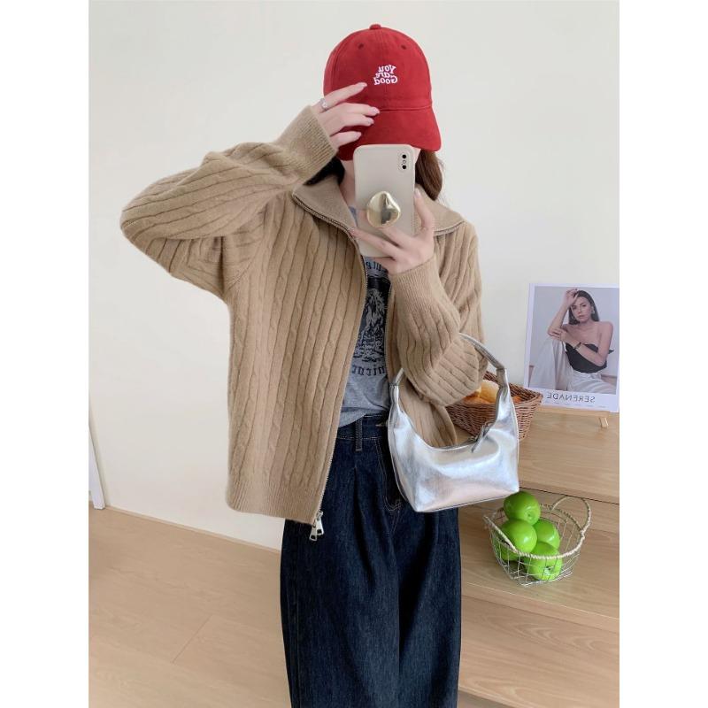 Retro twist autumn and winter stand-up neck zipper sweater jacket high-end soft waxy loose versatile knitted cardigan women