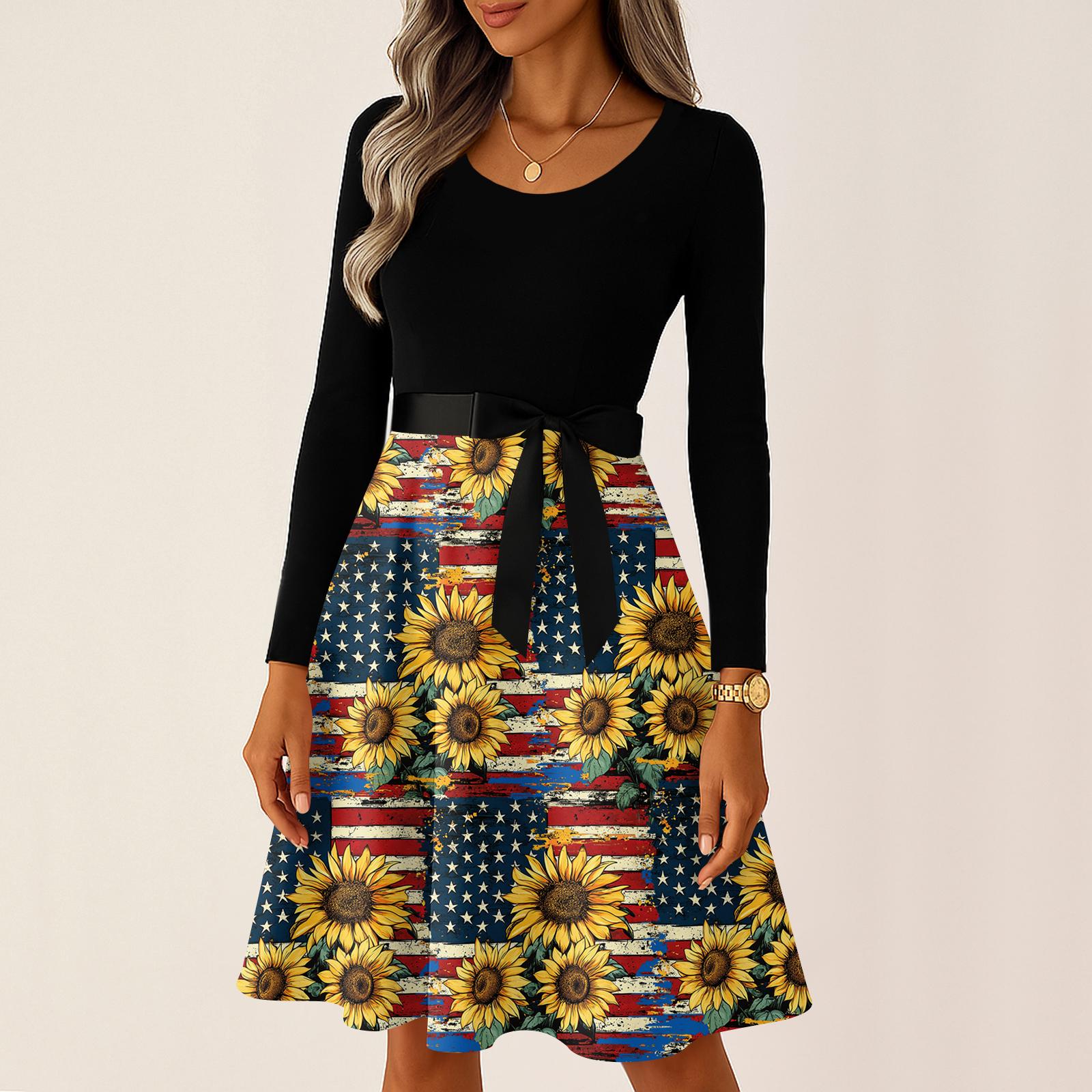 

Ladies Casual And Fashionable Round Neck Long Sleeved Retro Independent Day Print Retro Dress XL жовтий