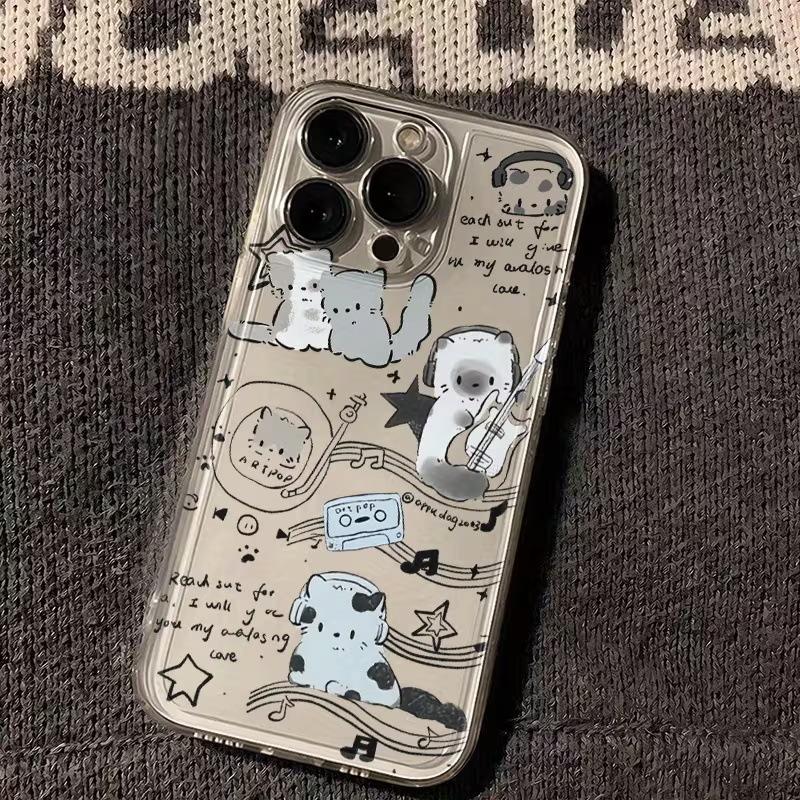 Line Music Cat Is Suitable for Apple 17 Transparent Case 16 All-inclusive Fine Hole iPhone15promax Anti-drop Protective Case.