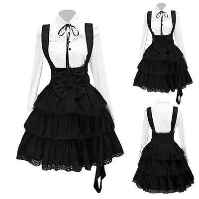 Neues Lolita Einfarbiges Temperament Pendler Kleider Set Midirock Hohe Taille Fake Zweiteiler Set Schwarze Kleidung Kawaii Kleid