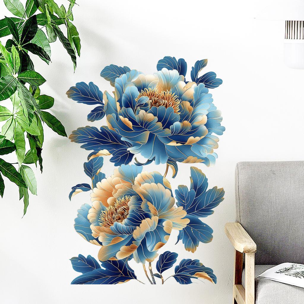 Niebieski Kwiat Peonii Naklejka Ścienna do Sypialni Salonu Przedpokoju Wystrój Domu Sztuka Ścienna Samoprzylepny Winyl