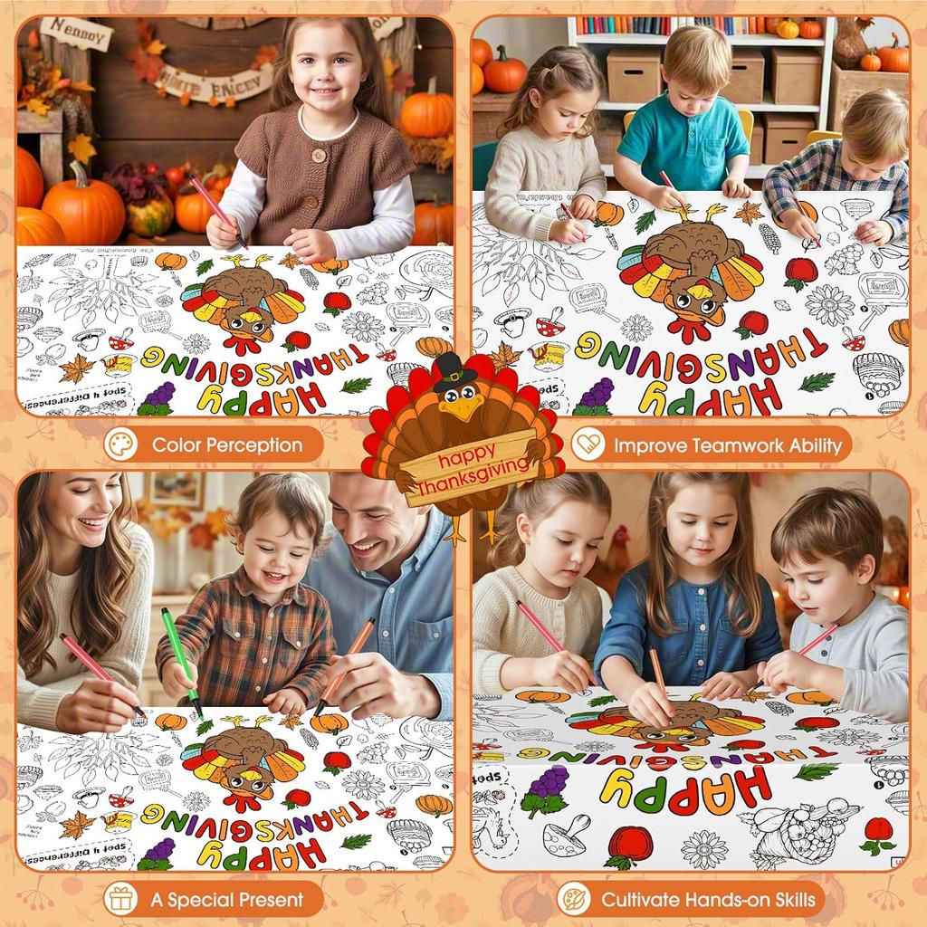 Happy Thanksgiving Coloring Poster-Thanksgiving Coloring Tablecloth for Kids - 72 x 30 Inches, Giant Thanksgivings Paper Table Cloth Cover Crafts
