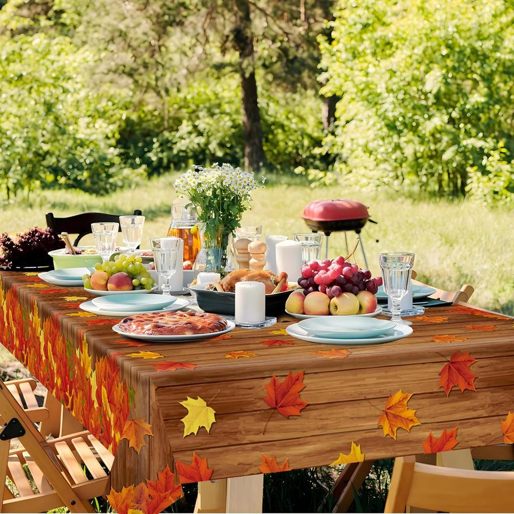 2 PCS Fall Plastic Tablecloth Disposable Maple Leaf Table Covers Thanksgiving Wood Grain Tablecloths for Autumn Harvest Party Farmhouse Table