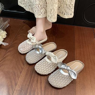 Mesh Woven Bag Head Cool Slippers Women's Summer Wear 2025 New with Skirt Breathable Fashion Bow Half Slippers