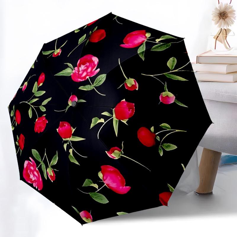 1pc Red Rose Pattern Folding Umbrella | Elegant Design, Fashionable Accessory, Durable Construction, Sturdy Ribs Yy251107106