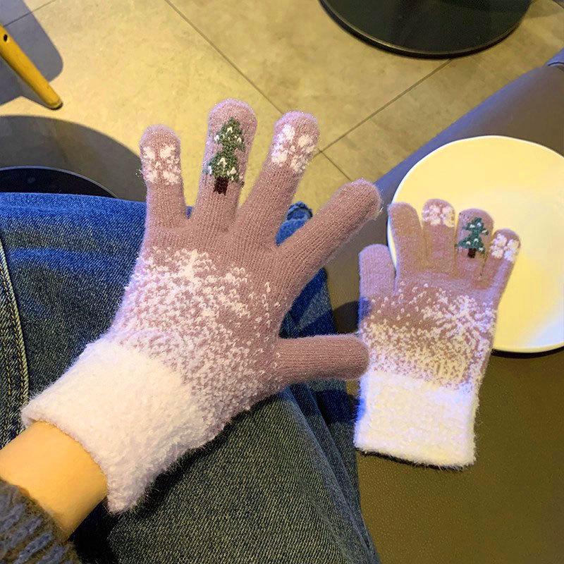 Cute Christmas red dew finger plush knitted five-finger women's plush thick cold-proof riding