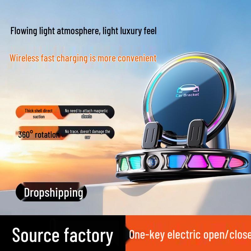

Auto-Clamping Wireless Car Charger with LED Atmosphere Light & Dashboard Phone Holder Number Plate Holder