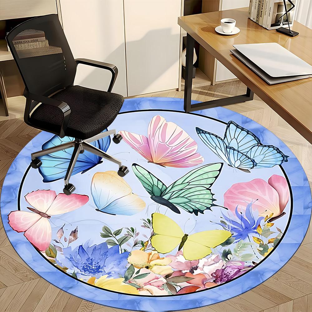 1pc Butterfly Floral Pattern Carpet for Office Non Slip, Round Carpet, Soft & Comfortable, Carpet for Office, Lightweight Round Floor Mat