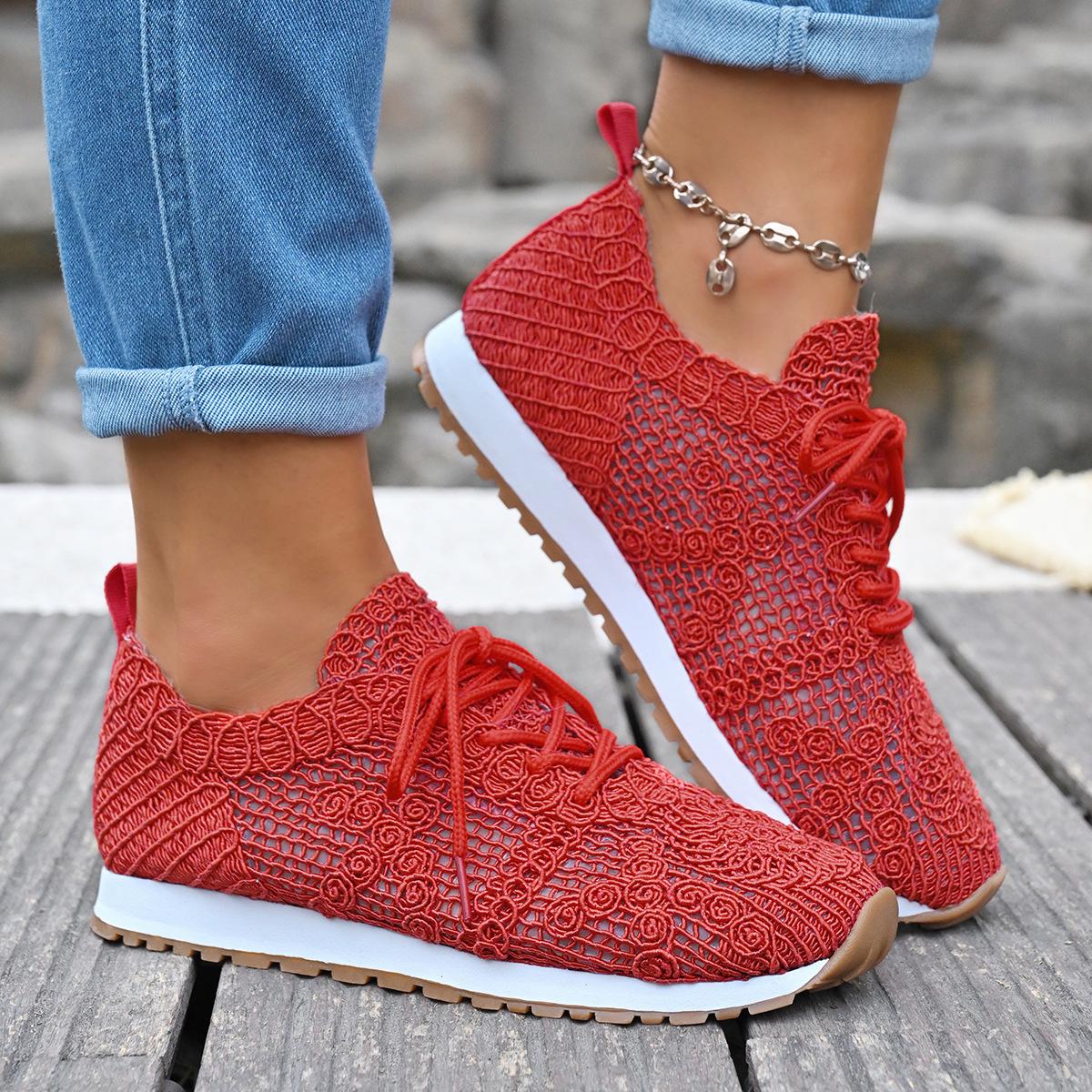 

Fashion Spring 2025 European American foreign trade large-sized flat-bottomed round-toe solid-color mesh sports and casual women s shoes 36 красный