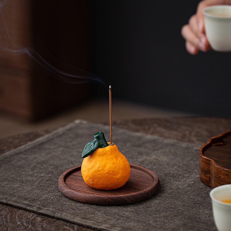 Ceramic Orange Incense Burner for Luck and Prosperity - Small Indoor Incense Holder