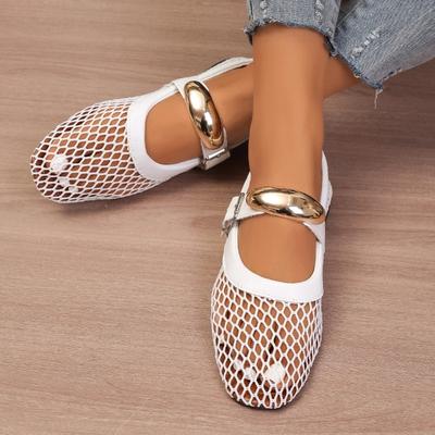 Women Sandals Net Flat Fashion Sandals Summer Round Head Breathable Shoes Line Button Mary Jane Fishnet Ladies