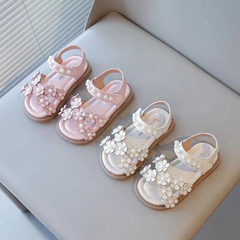 Little Girls Summer Shoes with Beads Princess Sweet Kids Floral Sandals Open Toes Anti-skid Size 21-30 Hook & Loop Bohemian Cute