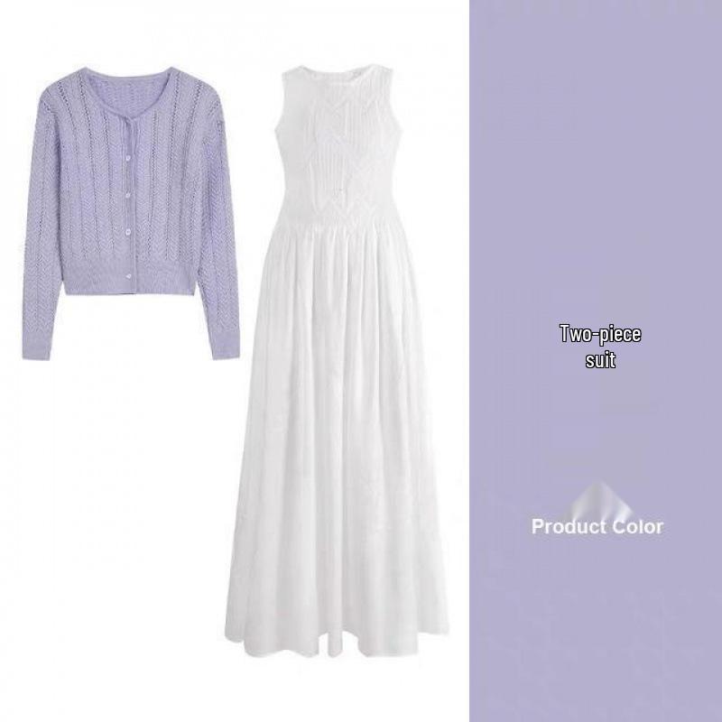 

Korean Sweet Purple Knit Cardigan & White Dress Set L