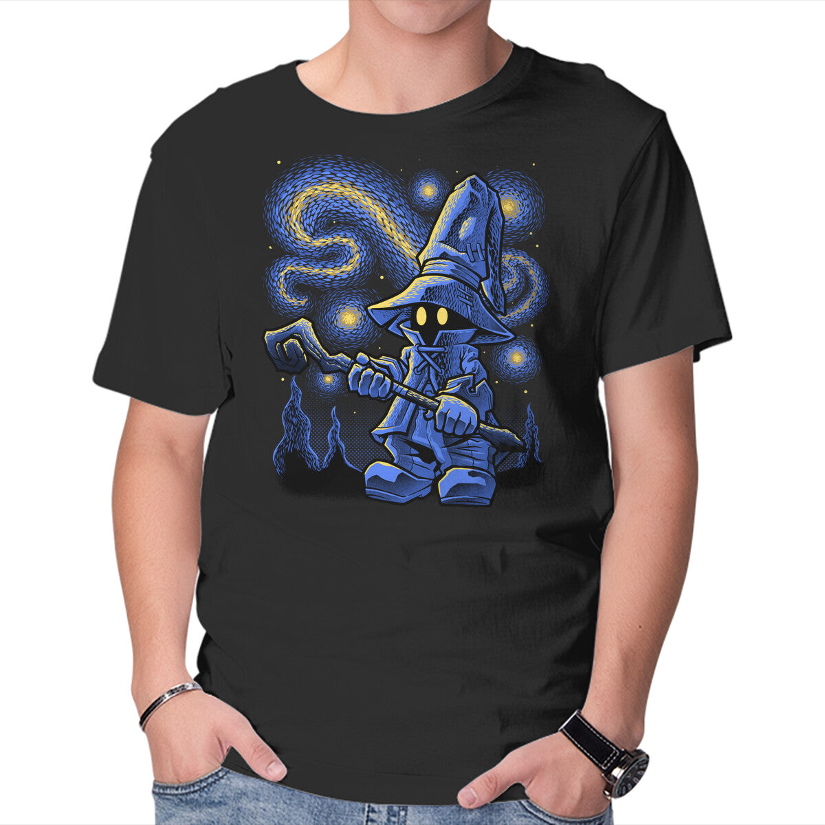 Unisex Crew Neck T-Shirt Black Mage Starry Night Graphic Short Sleeve Casual Tee XS