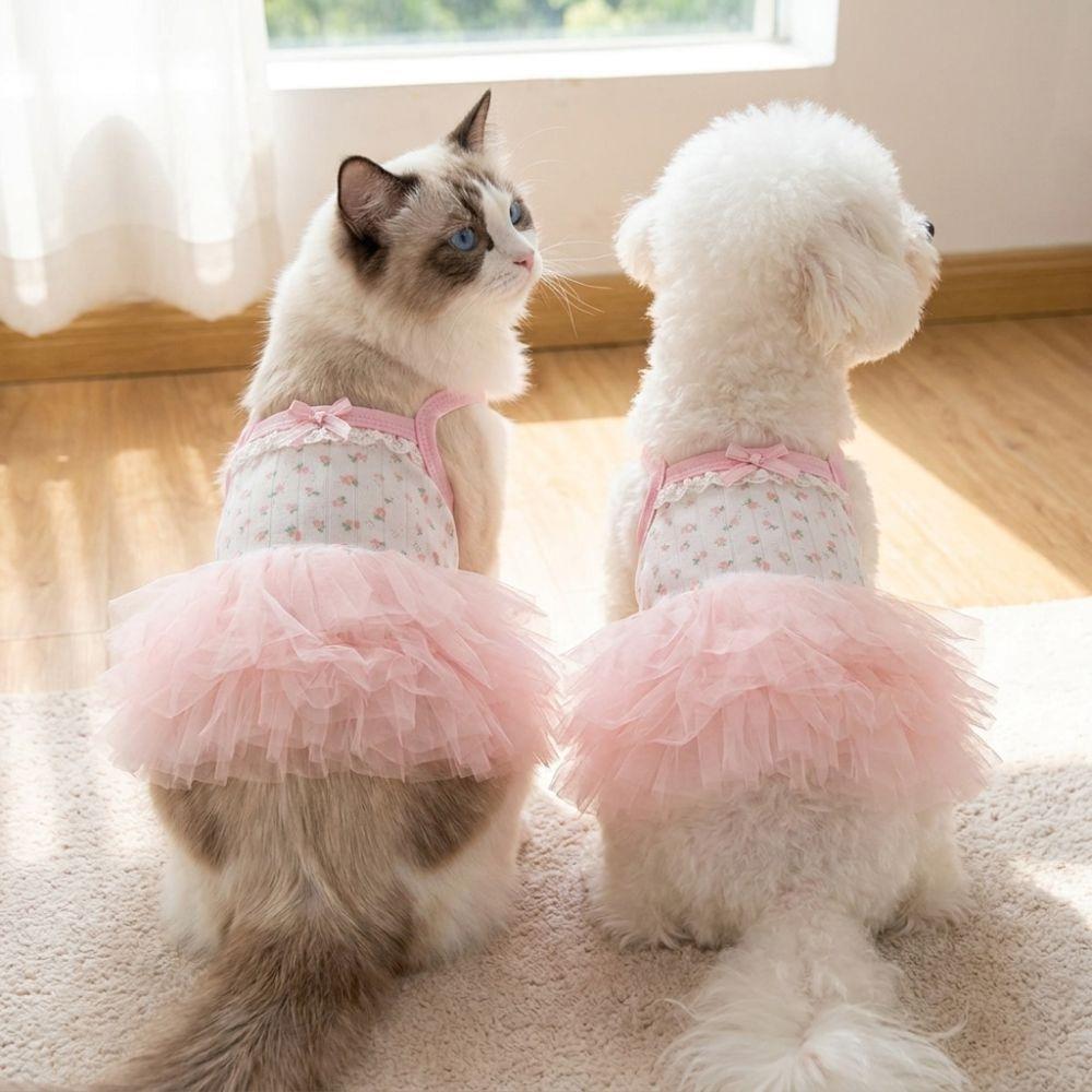 Sevimli Pembe Fiyonklu Yazlık Köpek Kedi Bale Tütü Çiçek Baskılı Tül Evcil Hayvan Prenses Elbisesi Nefes Alabilir İnce Köpek Slip Elbise S'den XL'ye Kadar Beden