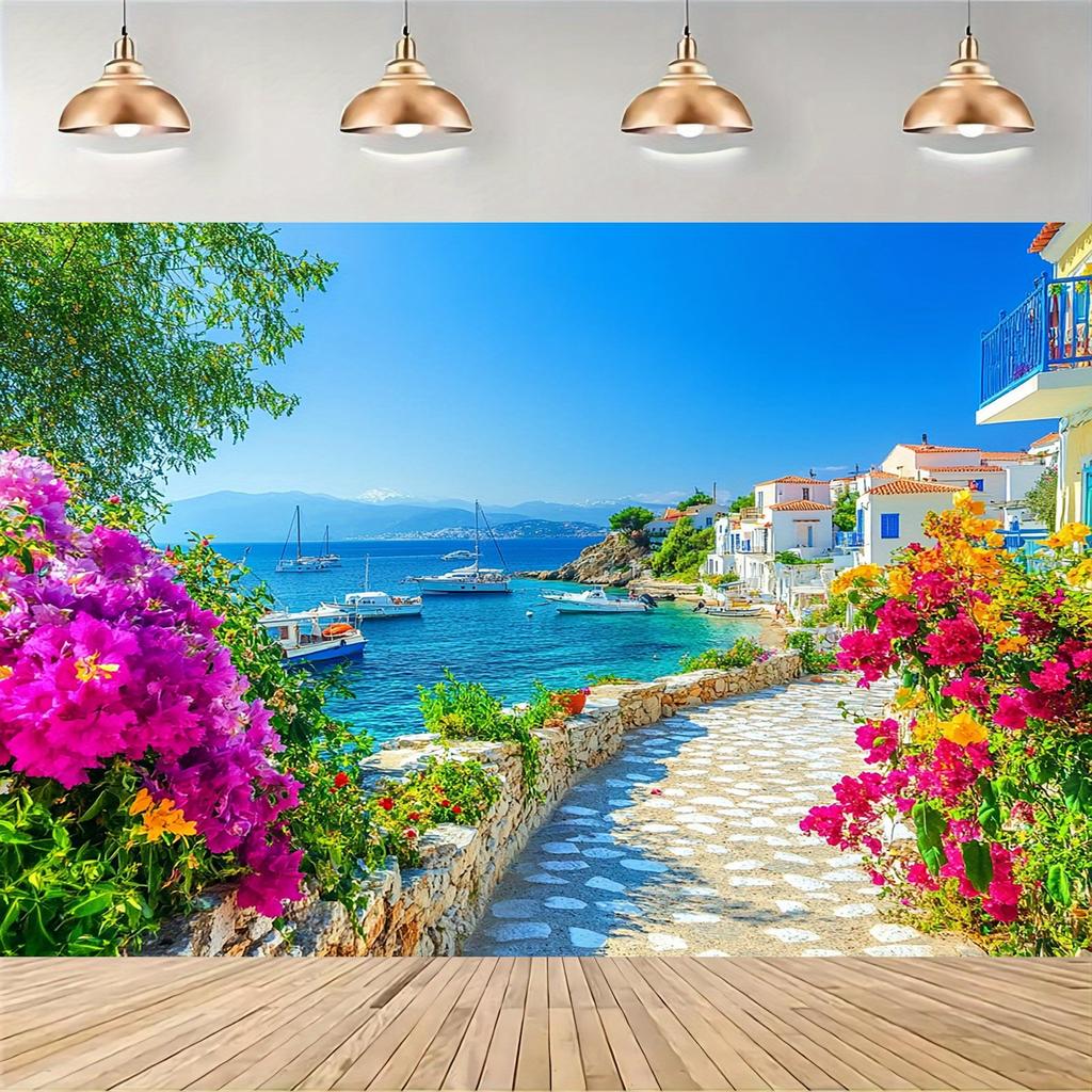 Summer Greek Island Themed Polyester Background Fabric Sea and White House Suitable for Birthday and Wedding Decorations