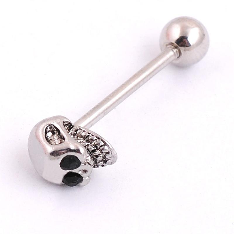 1Pcs New Stainless Steel CZ Gem Skull Silvery Tongue Barbell Ring Bar Body Piercing Myshine