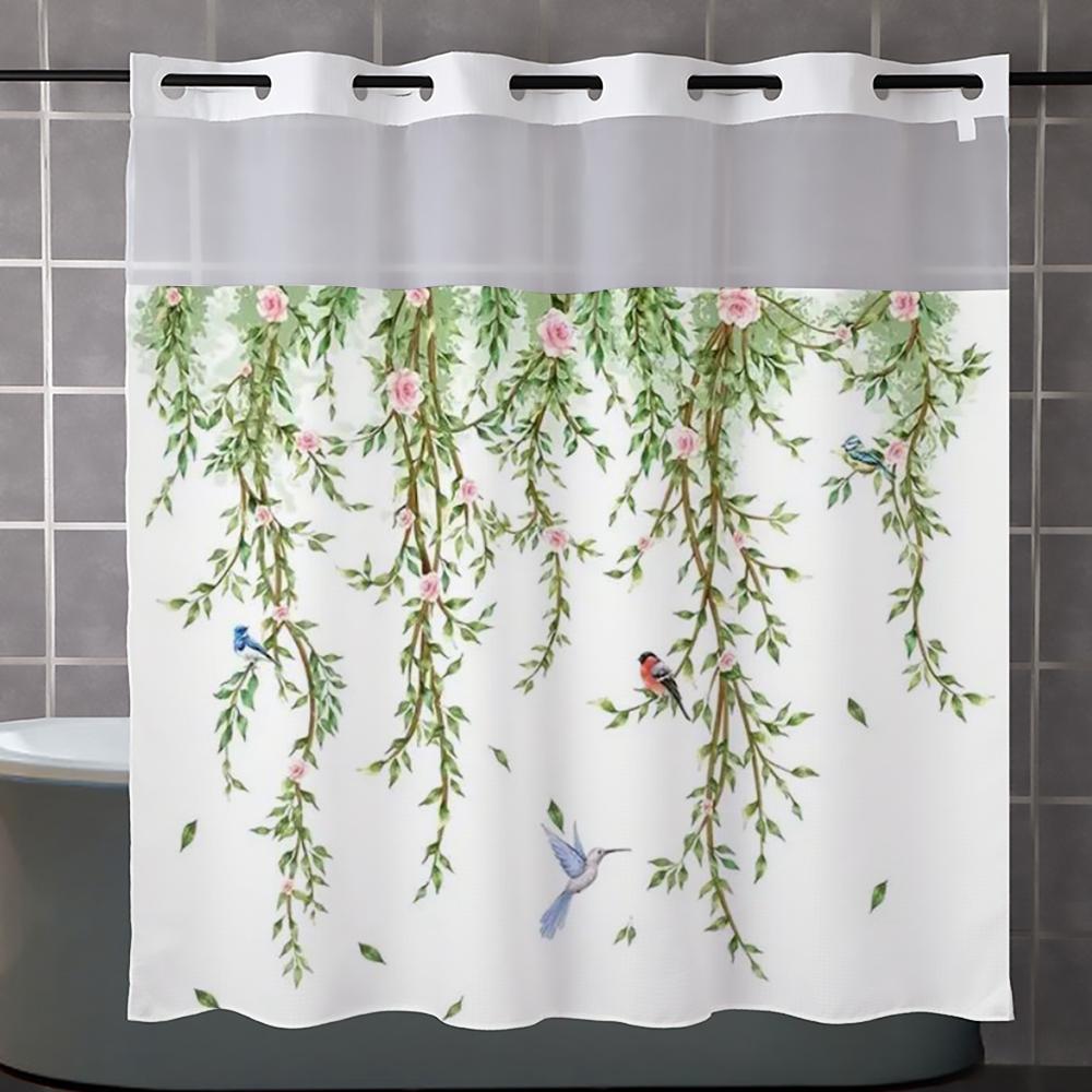 No Hook  Floral with Birds Shower Curtain With Snap-in Fabric Liner, Sheer Top Window, Waterproof Double Layer Bathtub Curtain