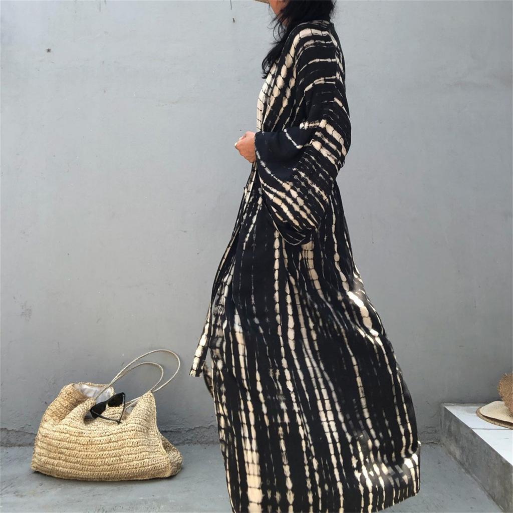 Women Loose Fit Sun Protection Beach Cover Up Cardigan Bikini Swimsuit Outerwear Lightweight Long Sleeve Printed Design