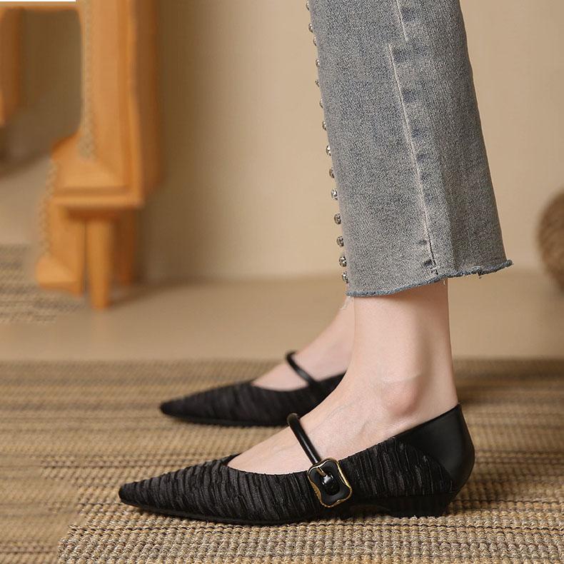 Flat Buckle with Shallow Mouth, Pointed Toe, Thick Heel, Comfortable Commuting Shoes