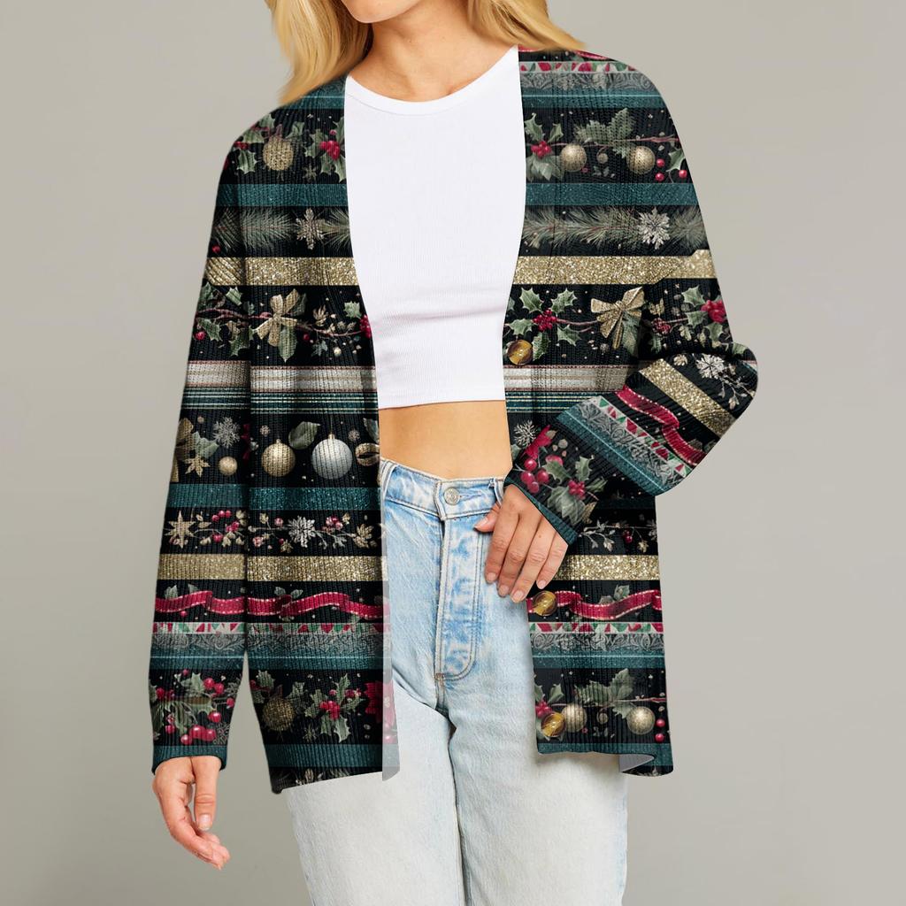 Women's Fashion Long Sleeve Print V-Neck Button Loose Cardigan Top