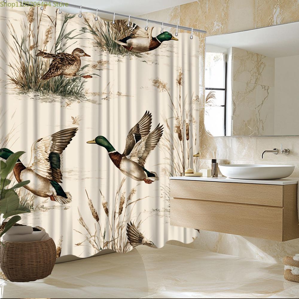 1pc Rustic Farmhouse Duck Shower Curtain with Flying Mallards and Reeds Nature Theme Bathroom Decor Bath Divider Hanging Curta