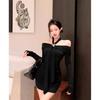 One-word Shoulder Purple Neck Hanging Long-sleeved Dress Women's Autumn Slim-fitting Waist Skirt Pure Desire Wind Tight Hip-wrapped Short Skirt