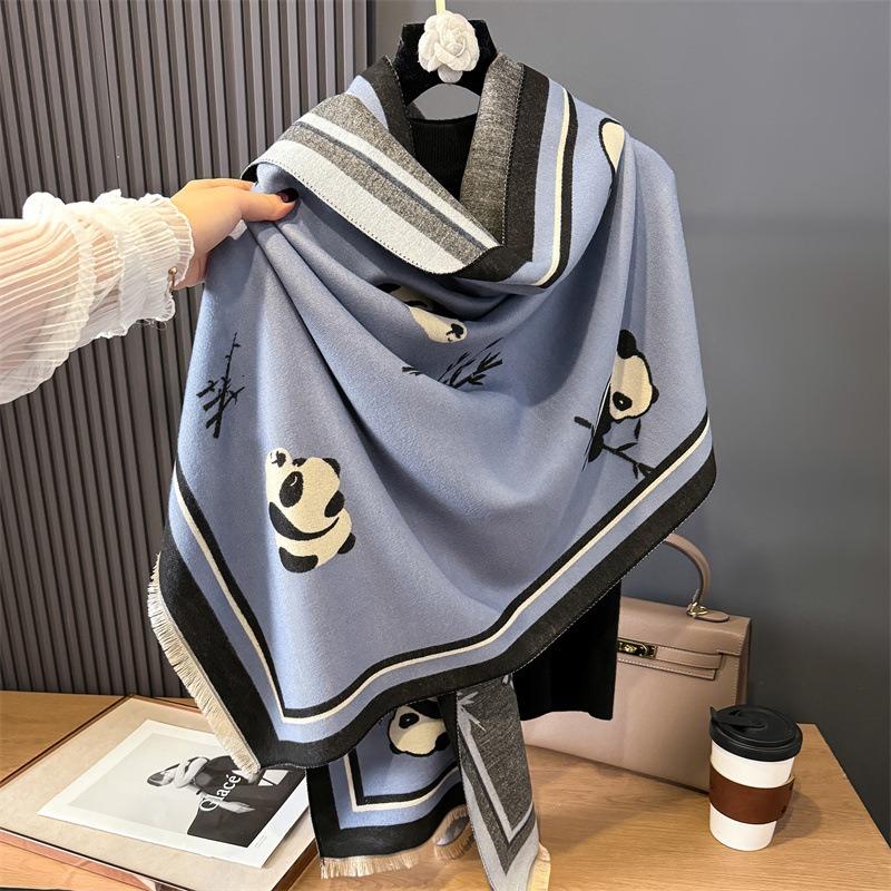 Original panda cartoon pattern simple and versatile warm pink and blue scarf women wear long scarves in winter