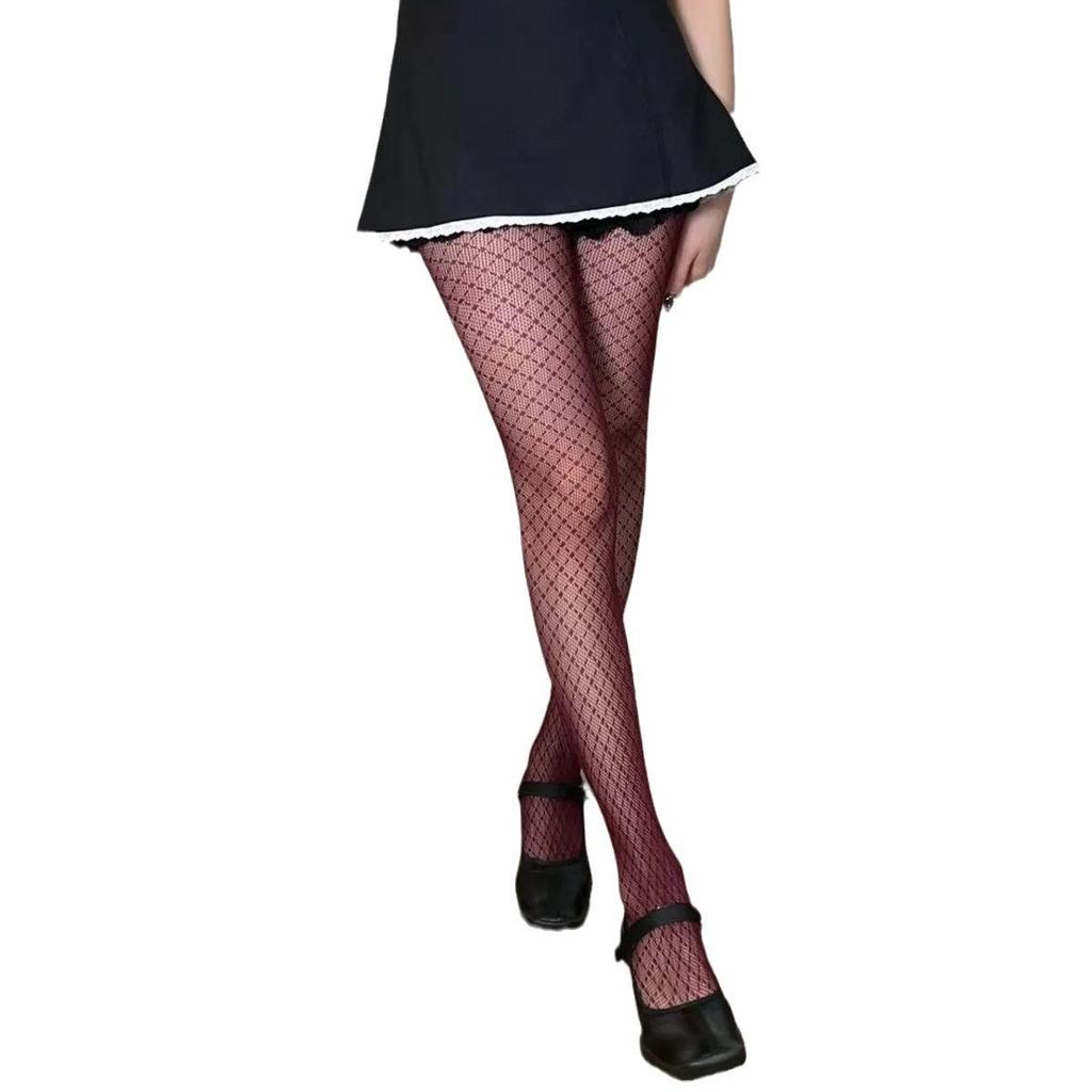 Mu Ruan Hot Girl Diamond Fishnet Stockings - Purple Mesh Hollow Jacquard Pantyhose, Wine Red