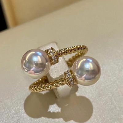Anello regolabile a doppia perla intrecciata elegante Cao Shi - Anello aperto in stile giapponese per socialite