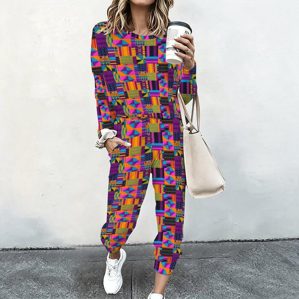 Female Round Neck Long Sleeve Sweatshirt And High Waist Straight Trousers Two Piece Everyday Leisure Outfit