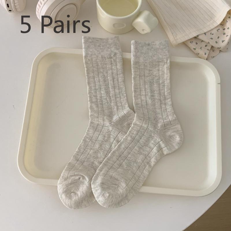 5 Pairs of Women Spring and Summer Thin Sweet Simple Bow In The Tube Pile Socks