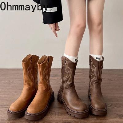 Vintage Embroidery Women Western Cowgirl Boots Fashion Back Zippers Shoes Autumn Winter Thick Heel Ladies Mid Calf Booties