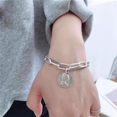 Carved Punk Coin Matching Pendant Bracelet For Women Female Vintage Chain Hand Jewelry Gifts