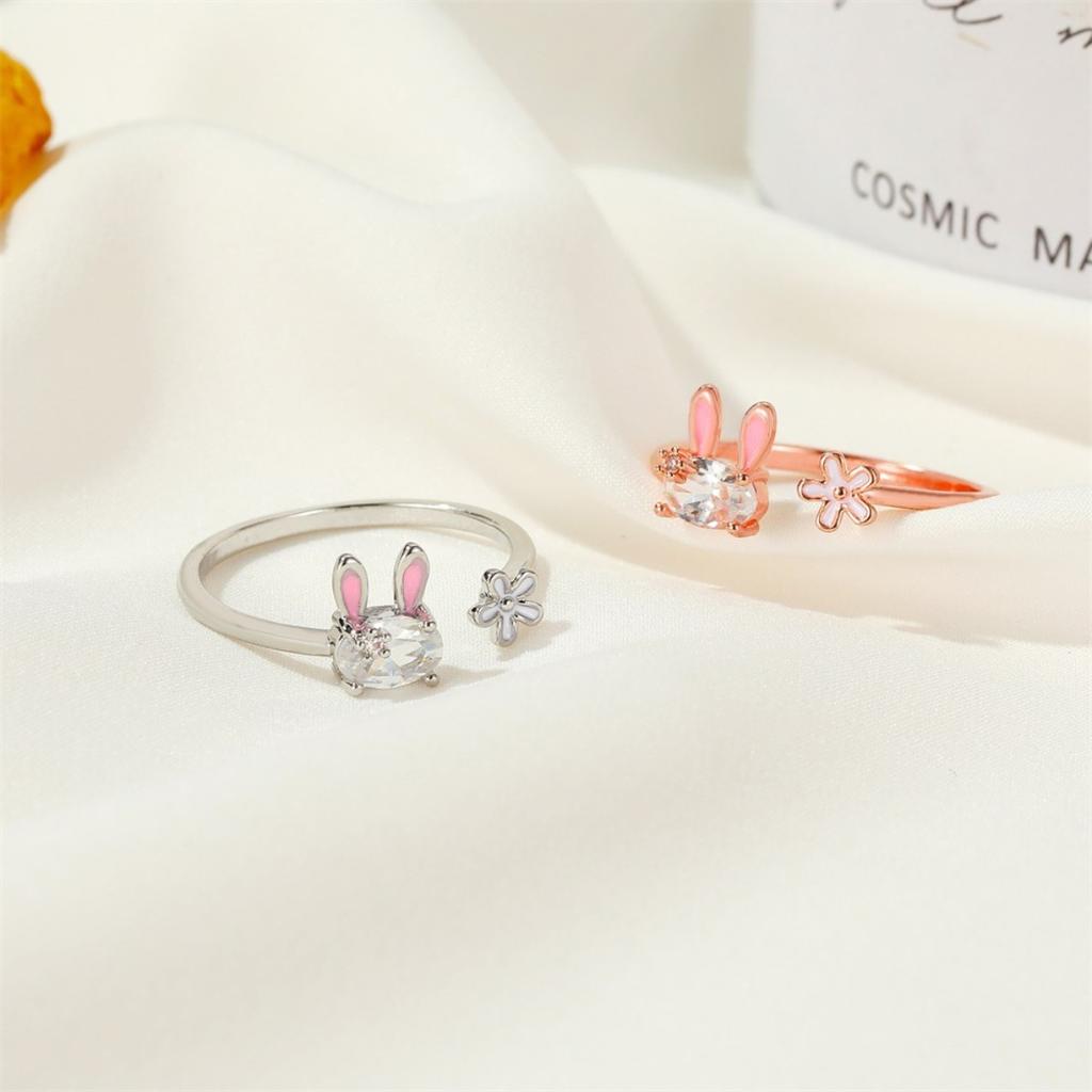 Open Adjustable Rabbit Flower Ring Oval Shiny Stone Pink Ear Enamel Cute Animal Floral Finger Jewelry for Women