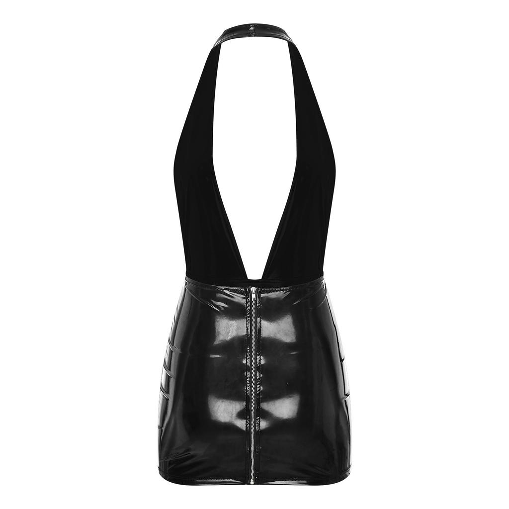 Damen Bodycon Minikleid Lackleder Wet-Look Neckholder Tiefes V Rückenloses Design Clubwear