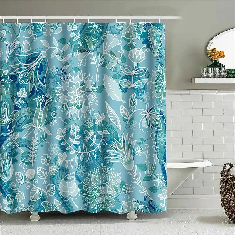 Luxury Blue White Floral Shower Curtain for Bathroom Decorations Waterproof Fabric Print Shower Curtains Set with Hooks (180x240
