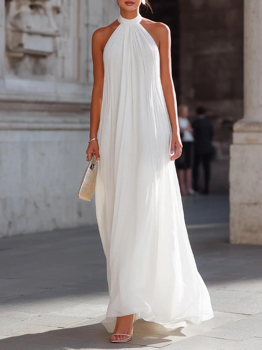 2026 European and American Amazon French neck sleeveless white long dress pendant chiffon dress S