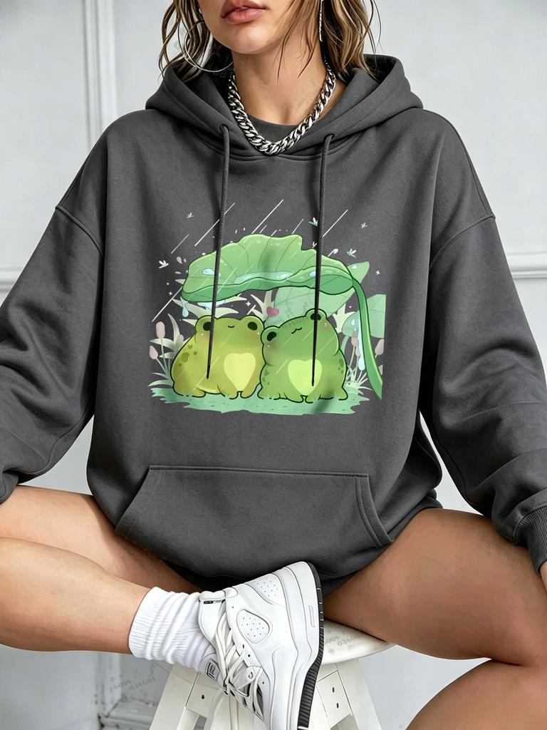 Fall/Winter Fashion Casual Loose Men's Hooded Sweatshirt - Two Frog Rain Shelter Print Women's Soft Street Hooded Sweatshirt