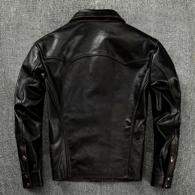 Retro Tea Core Top Layer Horse Leather Hand-painted Genuine Leather Leather Jacket Men's Lapel Leather Jacket Autumn Lapel Short Jacket