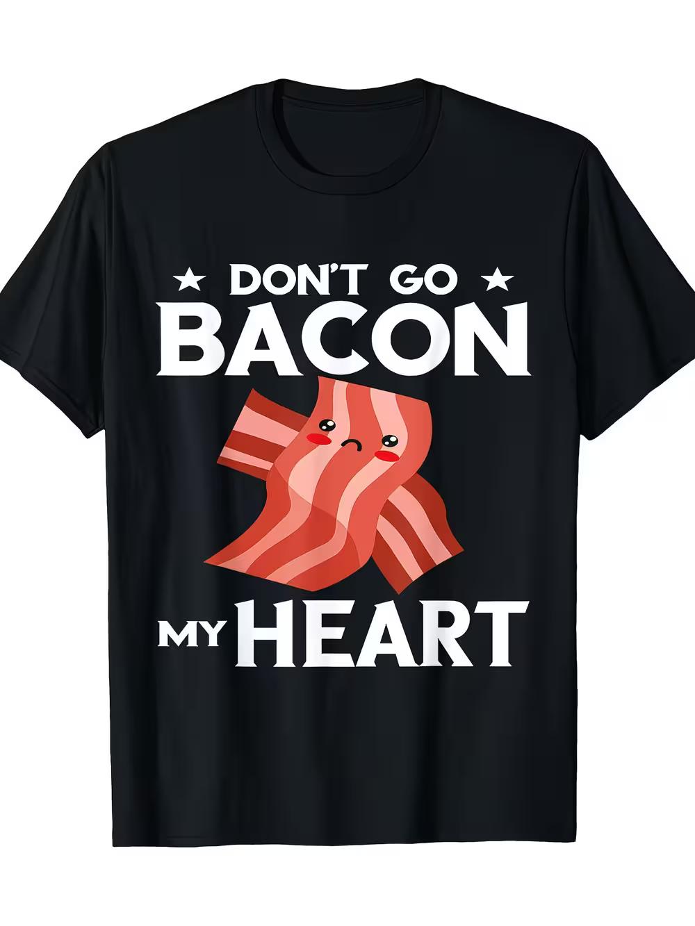 Men s Funny  Don t Go Bacon My Heart  Graphic T-Shirt - Black Casual Short Sleeve Round Neck Tee with Playful Bacon Strip Design XL