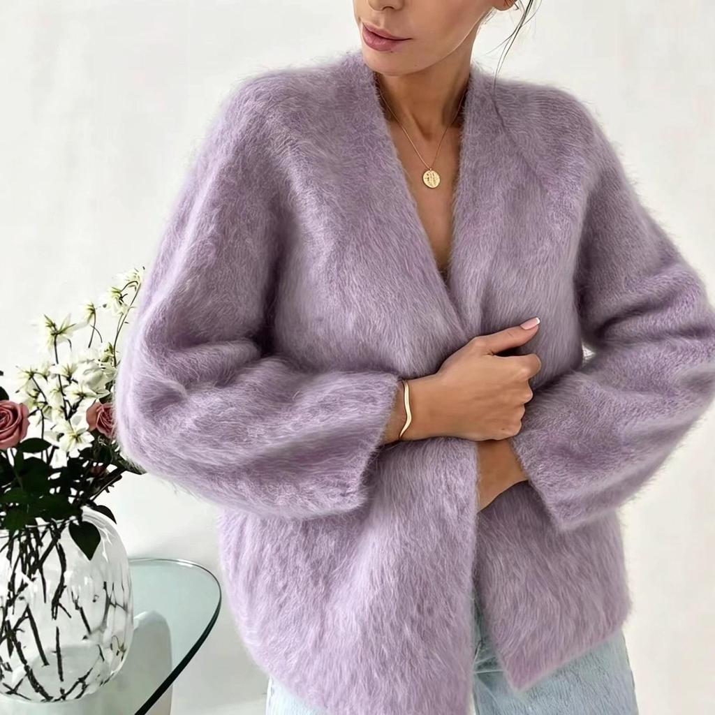 Pure Color Faux Mink Fur V-Neck Women's Cardigan - Loose Fit & Larger Sizes Available