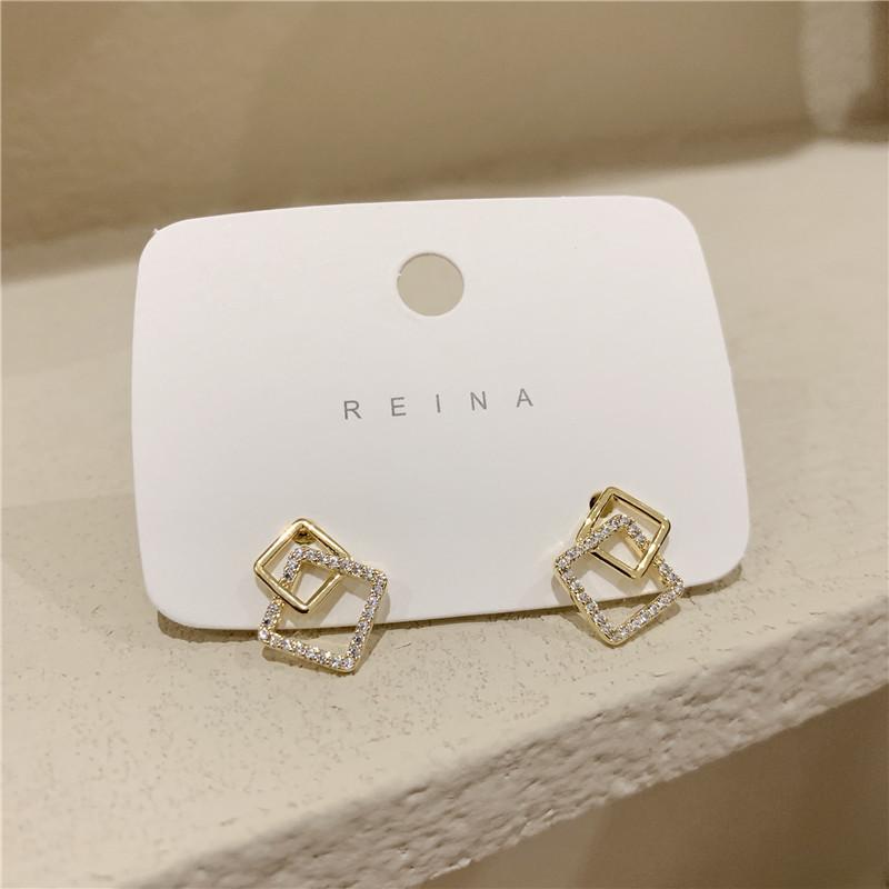 Trendy Korean Double Layer Hollow Square Stud Earrings For Women Crystal Gold Metal Geometric Hollow Jewelry