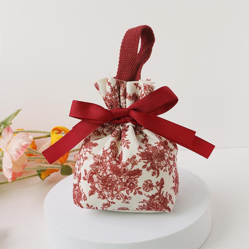 Elegant Red Drawstring Gift Bag with Floral Pattern & Ribbon Bow - Soft,Reusable Canvas Pouch for Jewelry Perfect for Christmas